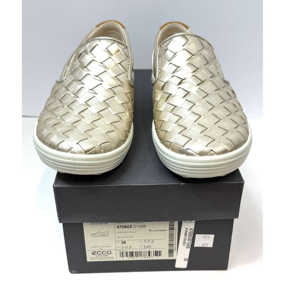 Ecco Women's Soft 7 Woven Slip-On Sneakers Pure White Gold Size 7-7.5 NWT/BOX